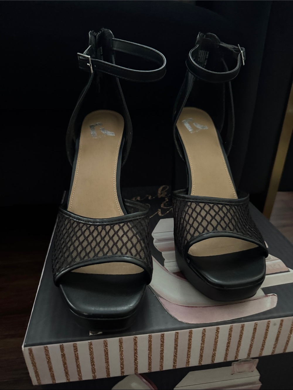 Report Black Mesh Ankle-Strap Platform Heels